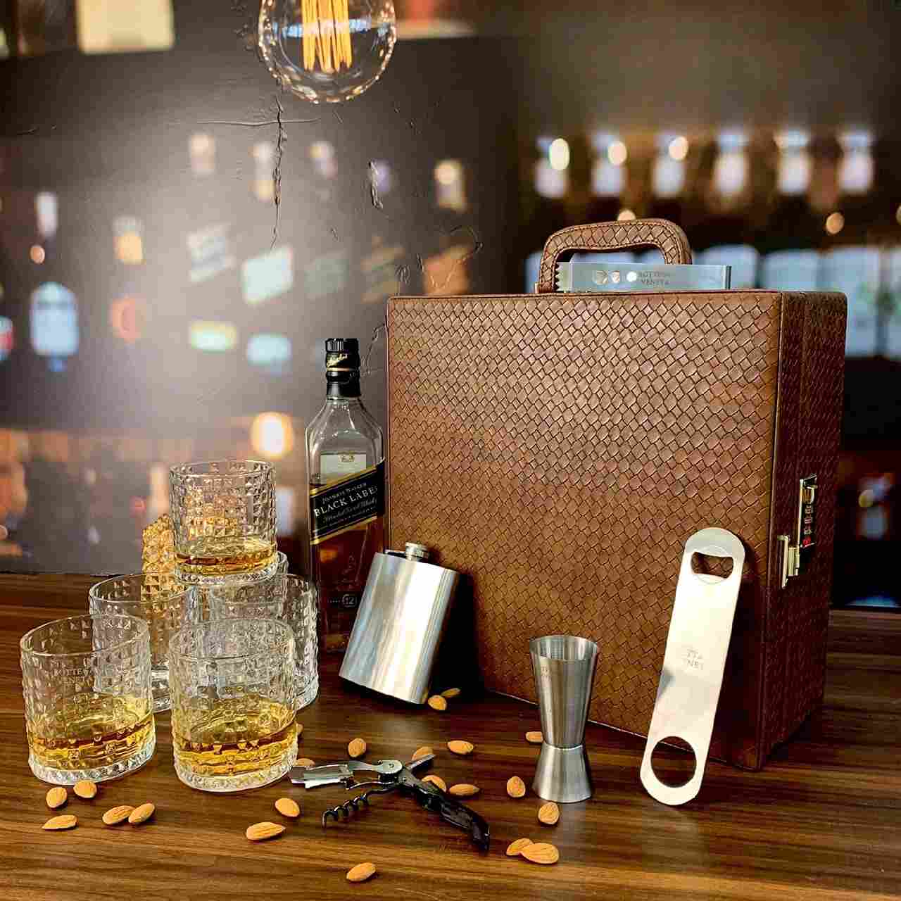 Whisky Bar Case Set Of Six Glass | Portable Bar Set | Travel Bar Case