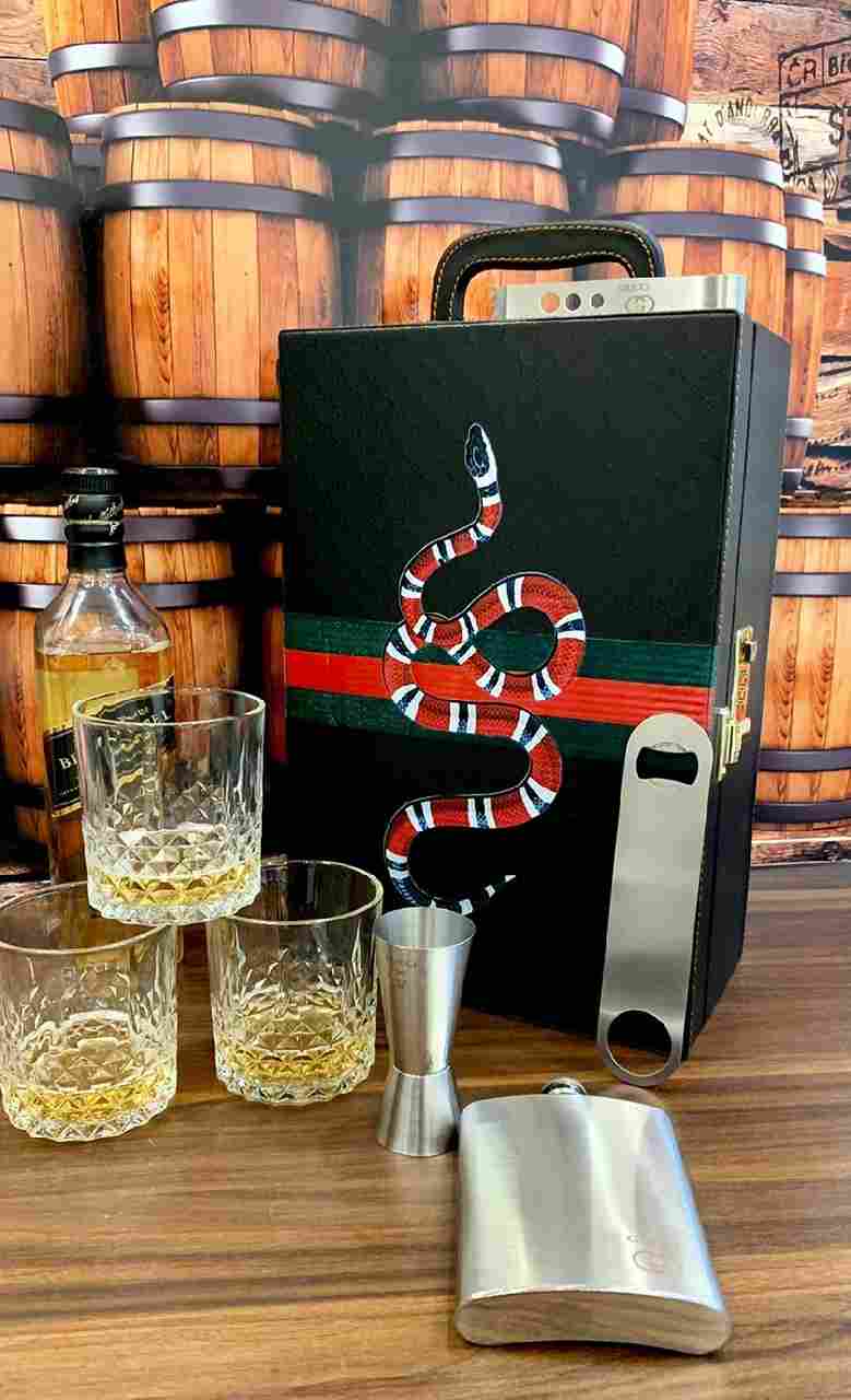 Whisky Bar Case Set of 3 Glass | Portable Bar Set | Travel Bar Case