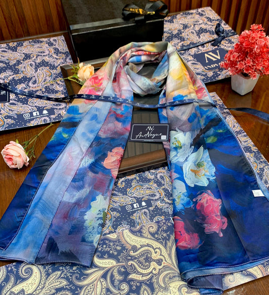 Blue Pretty Collection- Trending Floral Printed Silk Scarves & Stoles Wrap