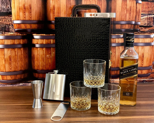 Whisky Bar Case Set of 3 Glass | Portable Bar Set | Travel Bar Case