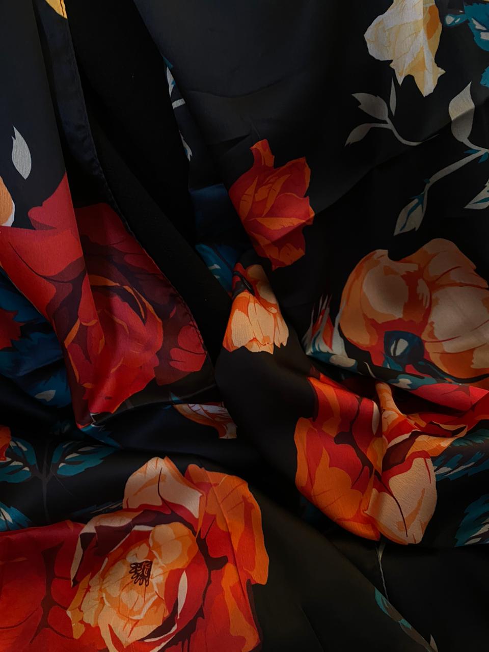 Black Coloured Collection- Trending Floral Printed Silk Scarves & Stoles Wrap